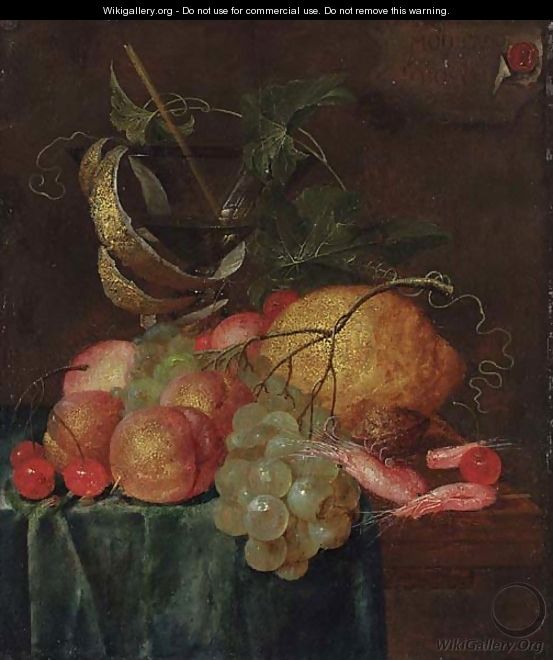 A still life with shrimp, grapes, cherries, peaches and a glass goblet on a partially covered table - (after) Isaac Van Duynen