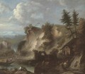 A mountainous river landscape with herdsmen and their cattle by a farm - (after) Isaac De Moucheron