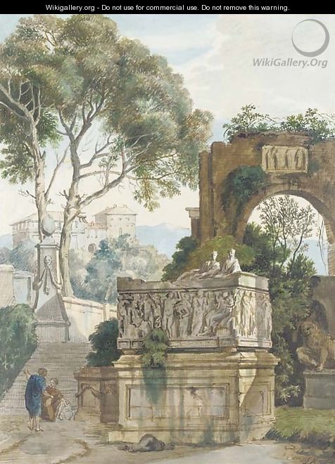 A classical landscape with two women by a Roman sarcophagus - (after) Isaac De Moucheron