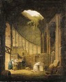 A hermit praying before an altar in a ruined chapel, with three woman offering flowers - (after) Hubert Robert
