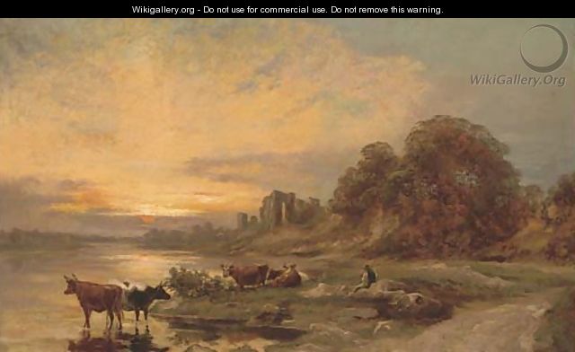 Cattle and a herder by a river, with ruins beyond - (after) Francis Danby