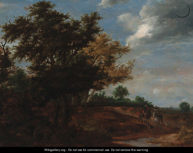 An extensive wooded landscape with travellers and a beggar on a path, Haarlem in the distance - (after) Jacob Salomonsz. Ruysdael