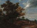 An extensive wooded landscape with travellers and a beggar on a path, Haarlem in the distance - (after) Jacob Salomonsz. Ruysdael