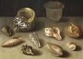 Exotic shells on a table with a glass beaker - (after) Jacques Linard