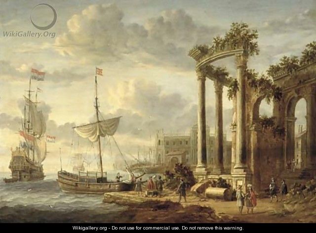 A Mediterranean harbour with a capriccio of classical ruins and a palace with a Dutch man-o
