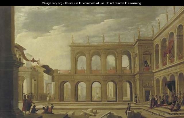 A classical palace with elegant figures in a piazza - (after) Jacobus Saeys