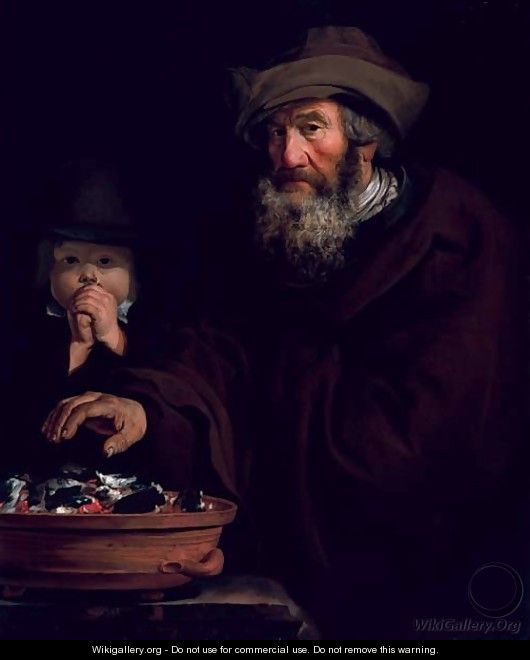 An old man warming his hands over coals - (after) Jacob Cornelisz Van Oostsanen