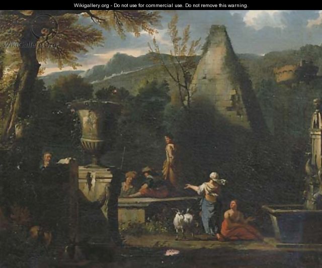 A capriccio landscape with figures resting and conversing near the pyramid of Caius Cestius - (attr.to) Huchtenburg, Jan van