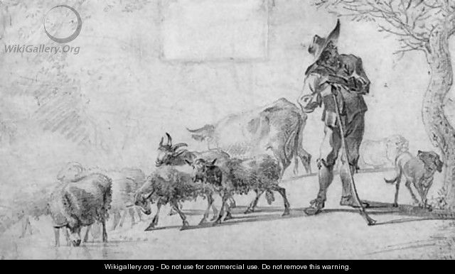 A herdsman with his animals on a path - (after) Jacob Van Der Does