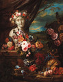 A bust on a pedestal adorned with garlands of flowers - (after) Jacob Van Der Borcht