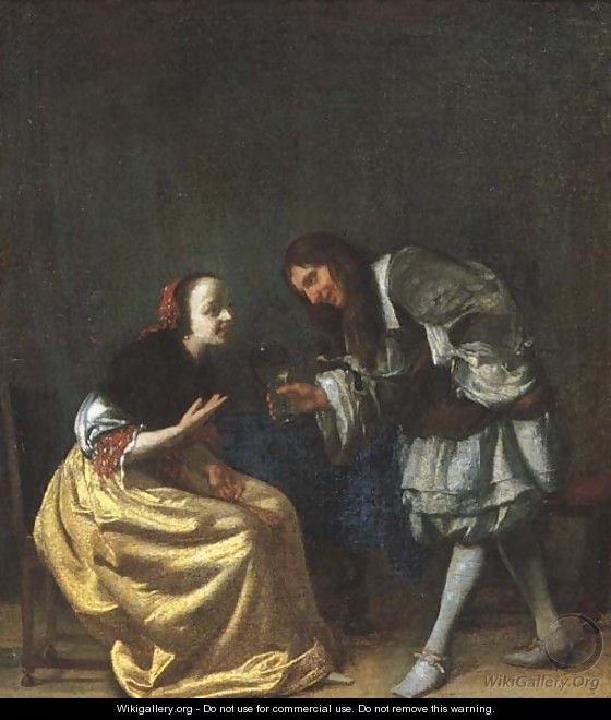 An officer offering a glass of wine to a lady seated by a table in an interior - (after) Jacob Ochtervelt