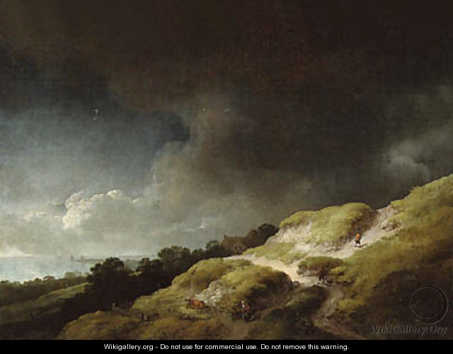A dune landscape with figures and a cow on a hillside, beneath a stormy sky - Christian Wilhelm Ernst Dietrich