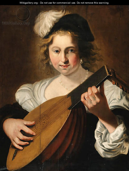 A lady playing a lute - Christiaen van Couwenbergh