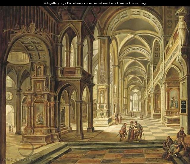The interior of a Gothic church with elegant company conversing in the aisle - Christian Stocklin