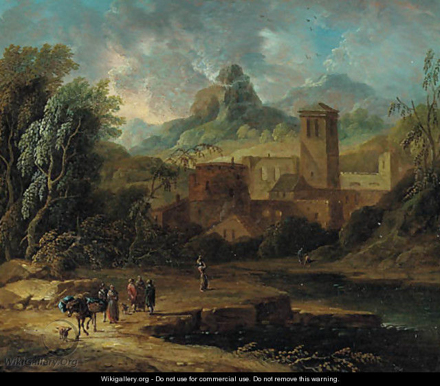 An Italianate landscape with travellers and a packmule on a river bank - Christian Hulfgott Brand