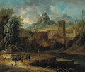 An Italianate landscape with travellers and a packmule on a river bank - Christian Hulfgott Brand