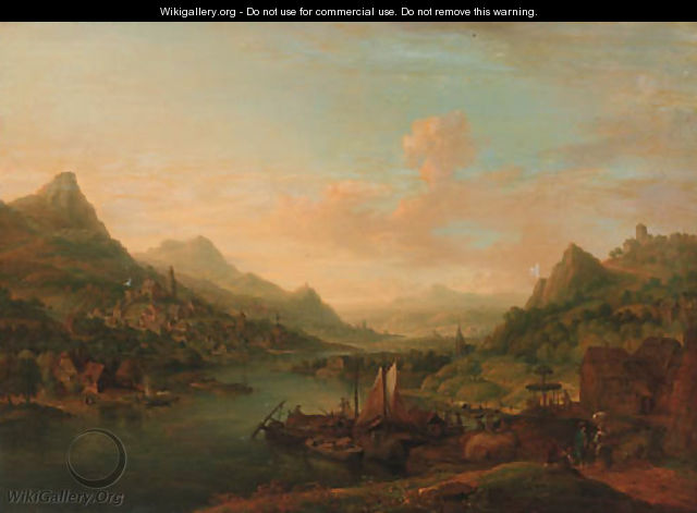 An extensive Rhenish landscape, with boats moored by a jetty - Christian Georg Schuttz II