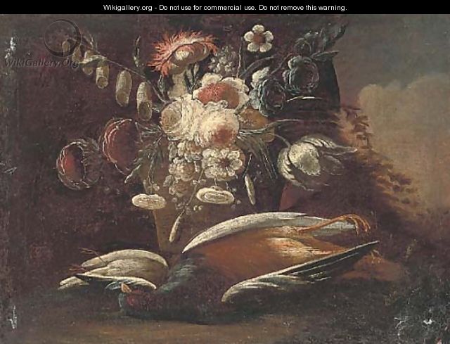 Still life of a dead pheasant and song bird - Christian Georg II Schutz or Schuz