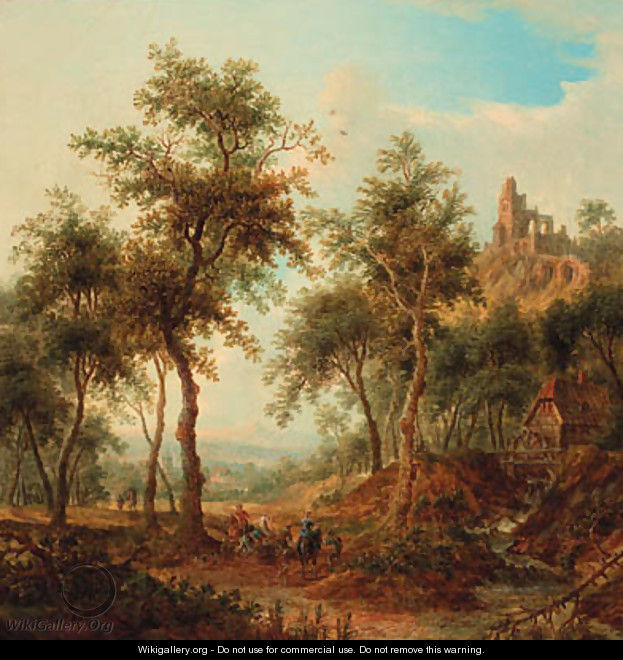 A wooded landscape with a hunting party by a stream, a ruined castle on a hill beyond - Christian Georg Schuttz II