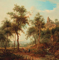 A wooded landscape with a hunting party by a stream, a ruined castle on a hill beyond - Christian Georg Schuttz II