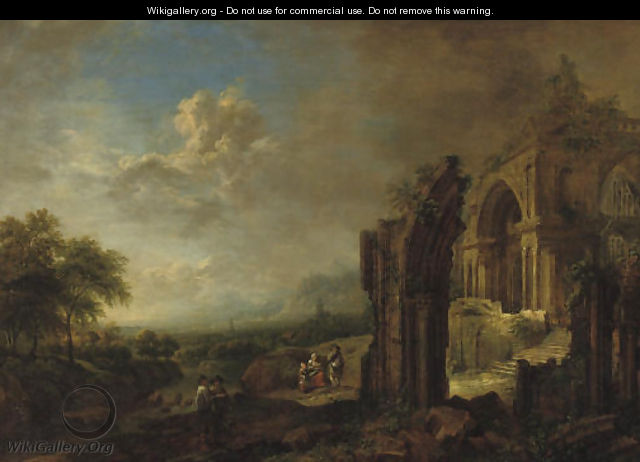 A wooded river landscape with travellers by a ruined gothic church - Christian Georg Schuttz II