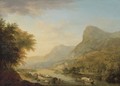 A mountainous river landscape with a town beyond - Christian Georg Schuttz II