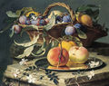 Peaches and plums in a wicker basket, peaches on a silver dish and narcissi on stone plinths - Christian Berentz