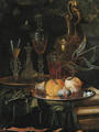 Figs and peaches on a pewter platter, glasses of wine on a gold dish, an ornamental silver-gilt ewer and a knife on a partly draped ledge - Christian Berentz