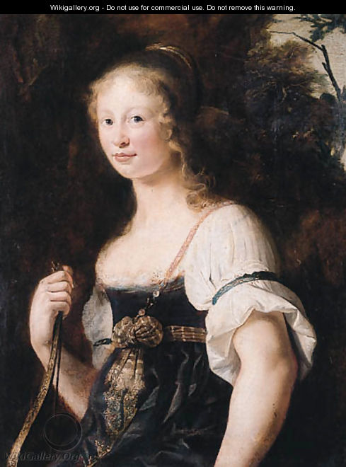 A portrait of a young woman as Diana, standing half length in a landscape, wearing a green dress and chemise, a wrap around her waist - a fragment - Christiaen van Couwenbergh
