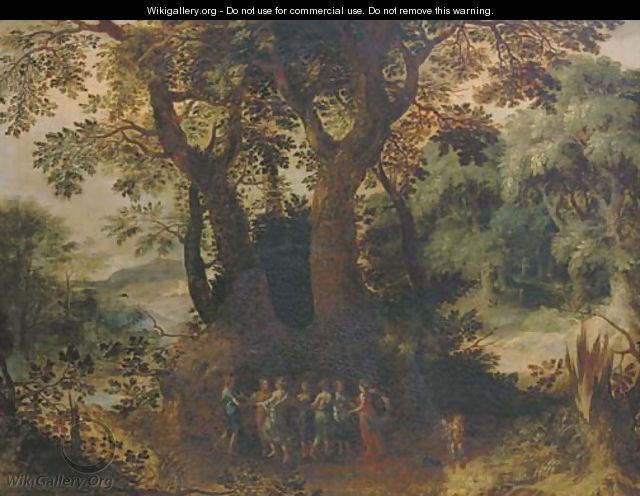 A wooded landscape with dancing nymphs - (after) Abraham Govaerts