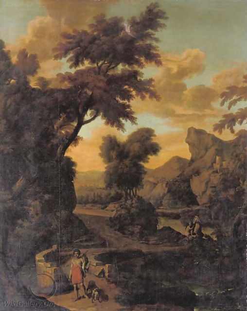 A wooded river landscape with a hunter in classical dress crossing a bridge, mountains beyond - (after) Abraham Genoels