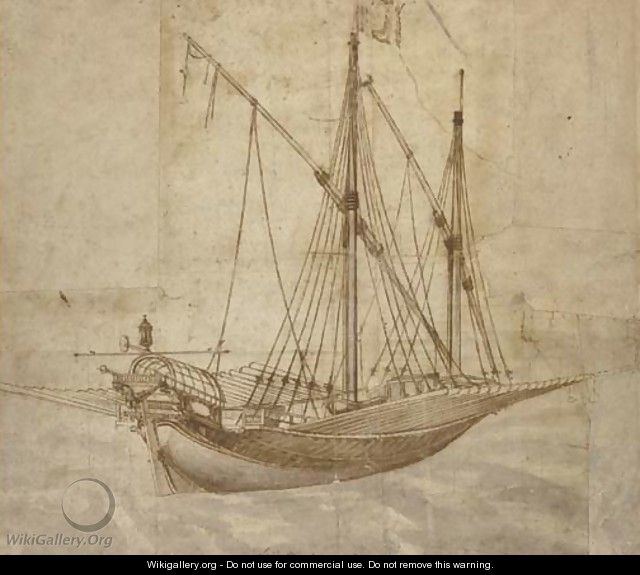 An elegant galley with oars shipped - (after) Abraham Casembroot