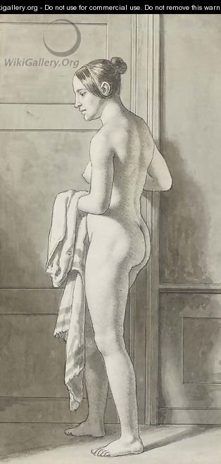 Florentine, nude, standing by a door holding a length of cloth - Christoffer Wilhelm Eckersberg