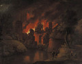 A town on fire at night with onlookers - Christoph Van Bemmel