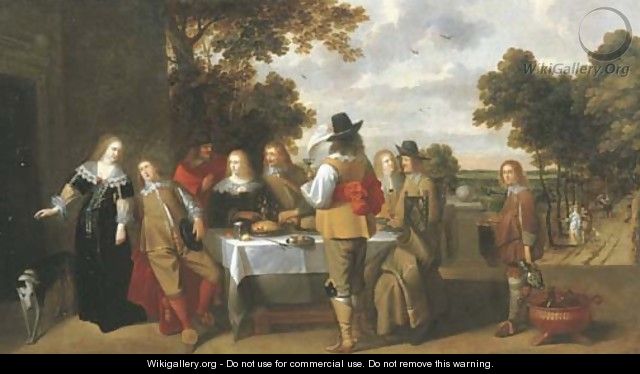 Elegant company eating and drinking on a terrace, a landscape beyond - Christoffel Jacobsz van der Lamen