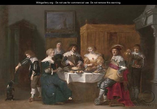 Elegant company eating and drinking in an interior - Christoffel Jacobsz van der Lamen