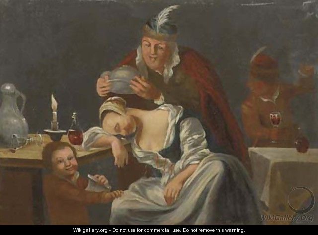 A tavern scene with a man teasing a sleeping woman - Christopher Pierson