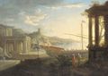 A Mediterranean harbour with figures amongst classical ruins - (after) Adriaen Mangland