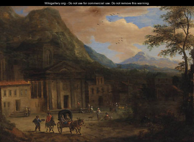 A Horse-drawn Cart ad Peasants before a Church, Mountains beyond - (after) Adriaen Frans Boudewijns