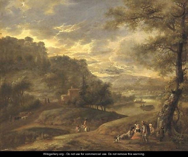 An extensive wooded river landscape with travellers resting on a path - (after) Adriaen Frans Boudewijns