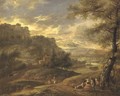 An extensive wooded river landscape with travellers resting on a path - (after) Adriaen Frans Boudewijns