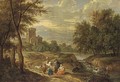 A mountain landscape with travellers on a path and a shepherd crossing a ford - (after) Adriaen Frans Boudewijns