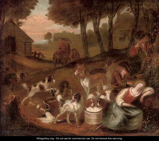 A hunting party stopped by a sleeping milkmaid - (after) Adriaen Cornelisz. Beeldemaker