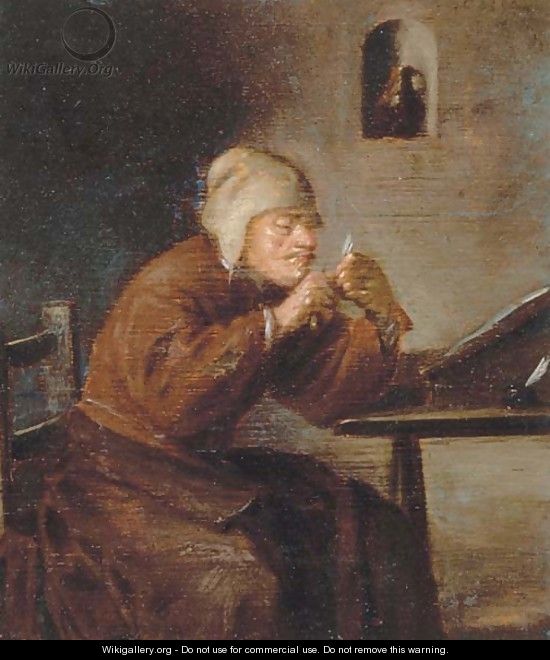 A man seated at his desk sharpening his pen - (after) Adriaen Brouwer