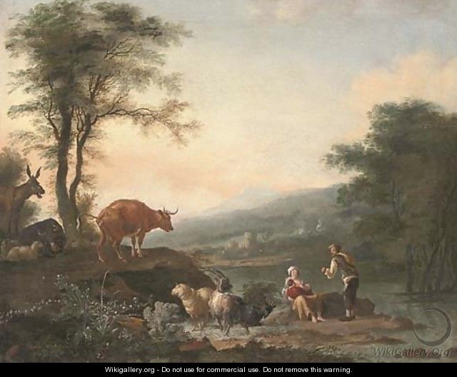 A river landscape with a shepherd, his family and their cattle - (after) Adam Pynacker