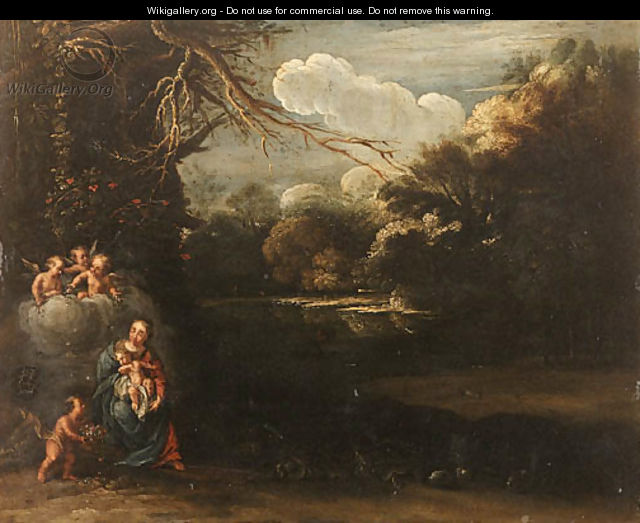 The Virgin and Child with adoring Angels in a river Landscape - (after) Adam Elsheimer