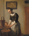 A woman filleting fish watched by a child - (after) Abraham Van, I Strij
