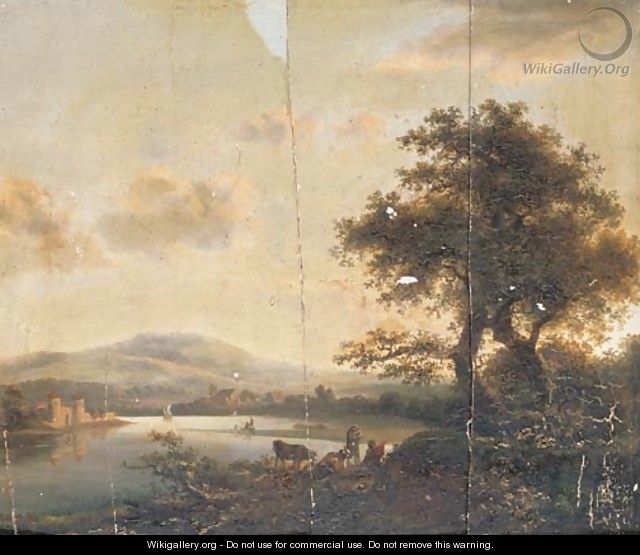 A river landscape with herdsmen, a castle on the far shore - (after) Abraham Van, I Strij