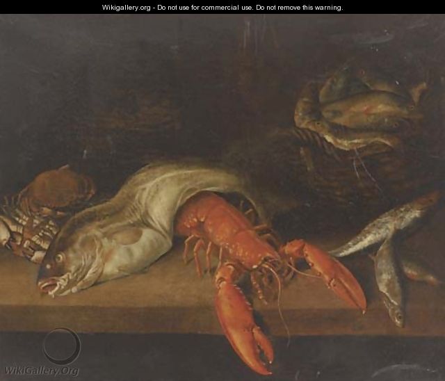 A lobster, a basket of fish, a crab, a cod and other fish on a ledge - (after) Abraham Hendrickz Van Beyeren