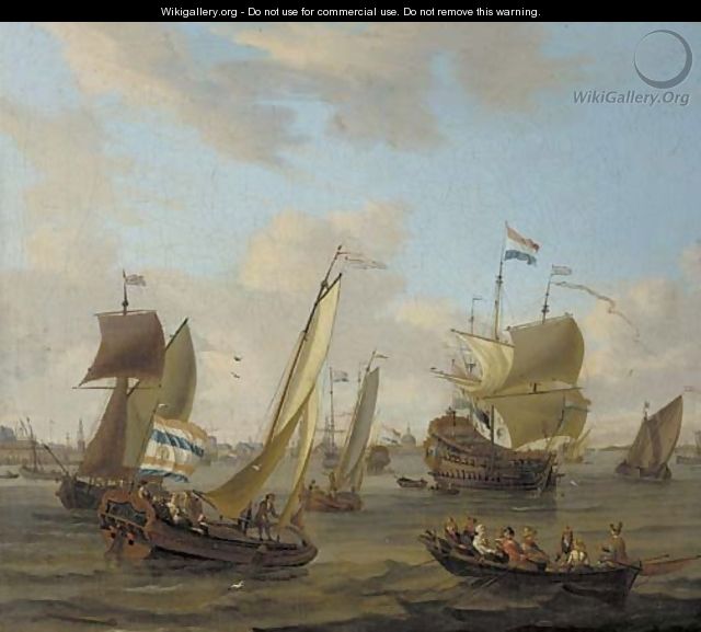 Shipping on the IJ off Amsterdam with a smalschip, a Dutch man-o